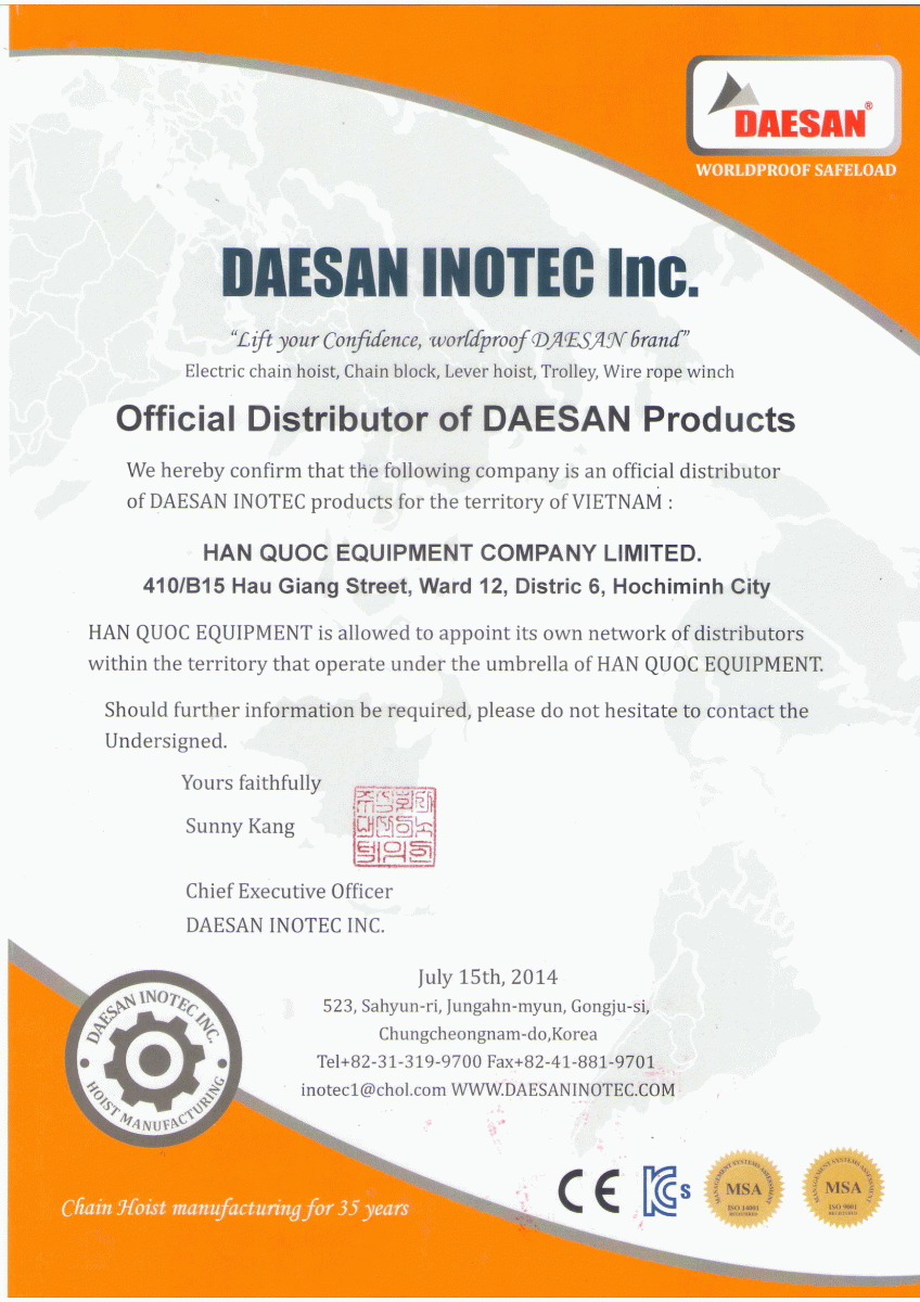Chứng nhận phân phối palang xích DAESAN Hàn Quốc tại Việt Nam
